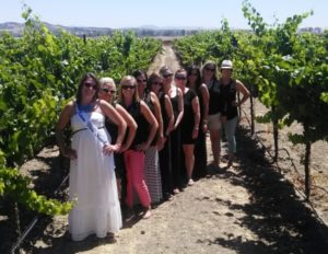 A bachelorette party takes a private wine tour of Sonoma, and poses in the vineyard. 